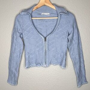 VTG Y2K Anthropologie Pastel Cropped Zip Cardigan Blue XS Fitted Textured Knit